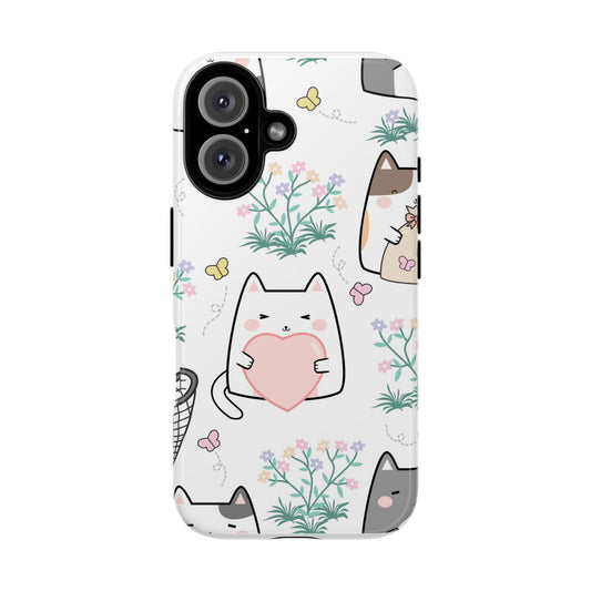 Cute Cat Floral tough phone case dual-layer design on white background