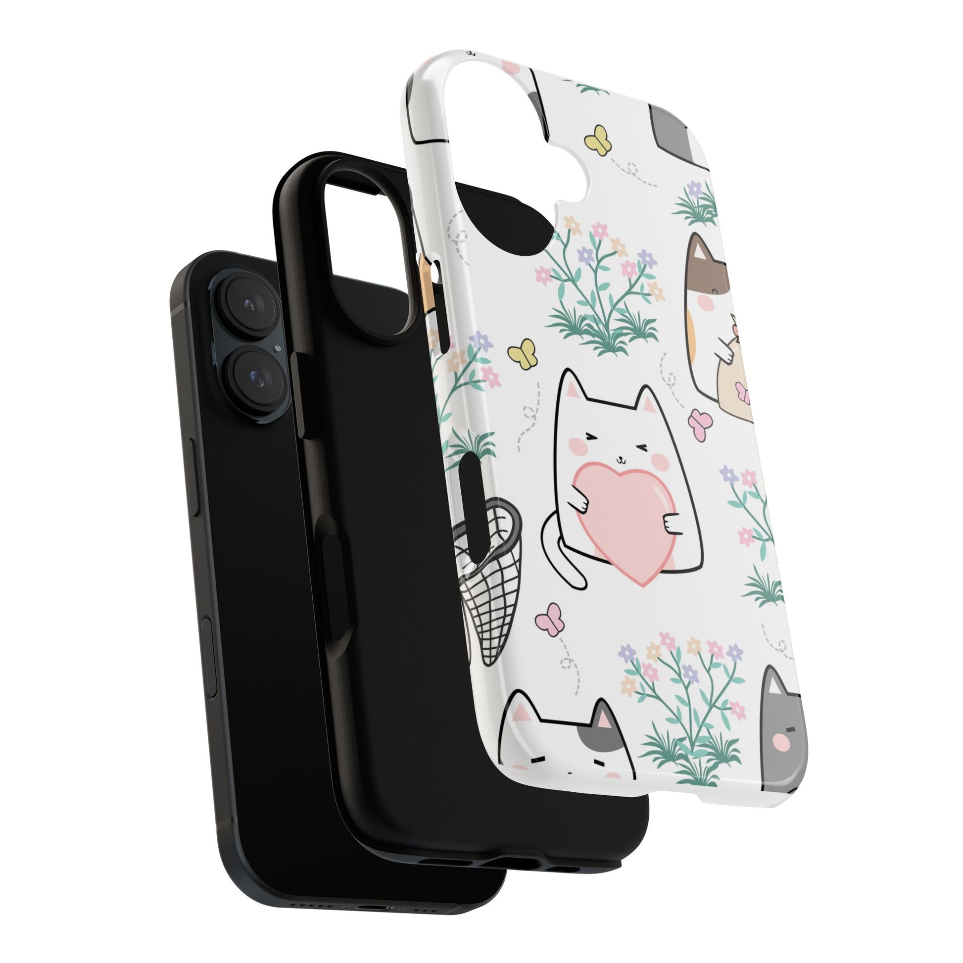 Cute Cat Floral tough phone case dual-layer design on white background