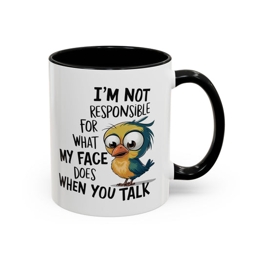 Funny Bird accent coffee mug flat lay with bird illustration