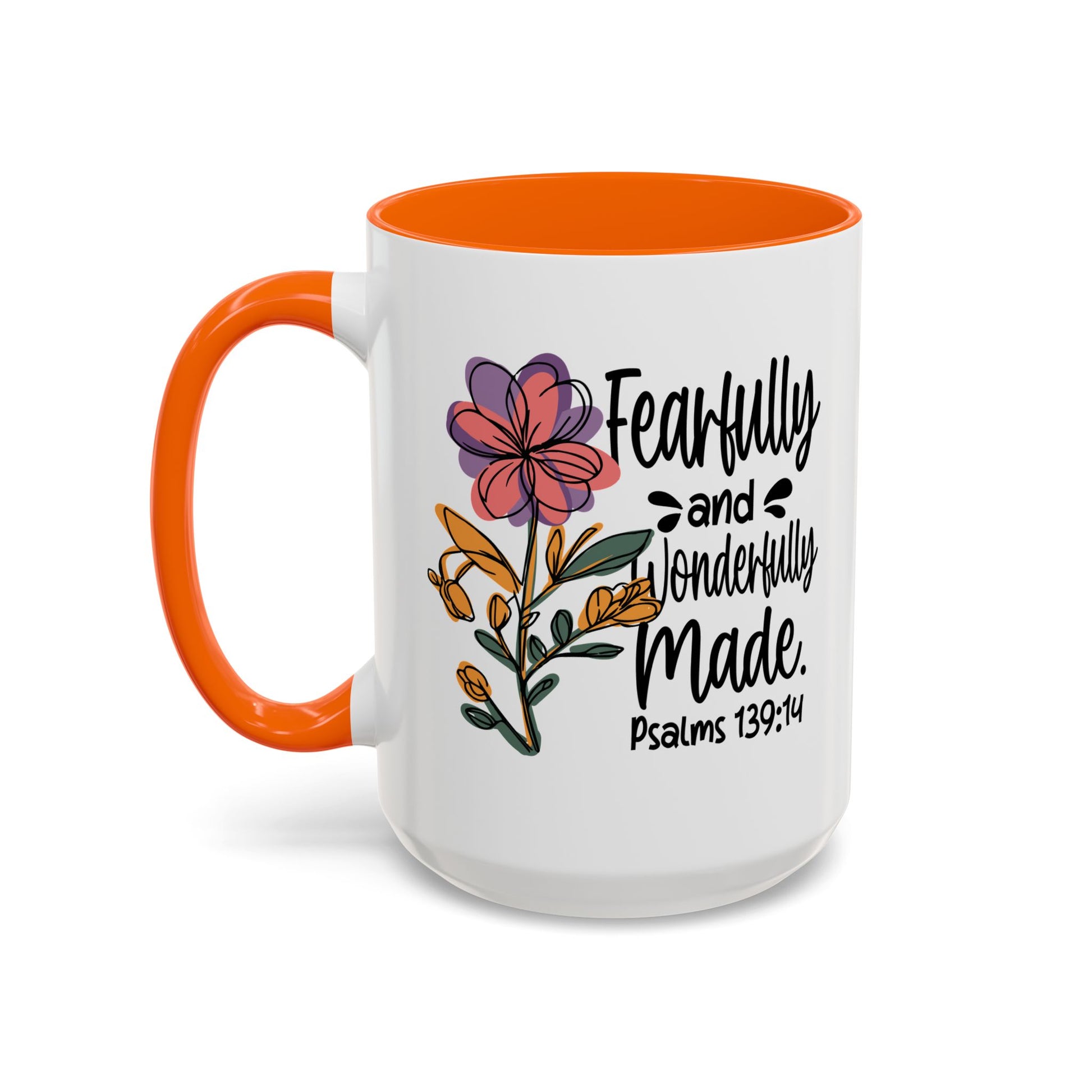Fearfully and Wonderfully Made floral coffee mug with accent handle